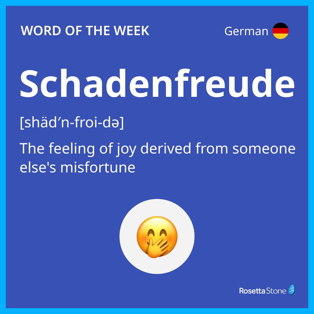 Have you ever felt joy when something bad happened to someone else? 🤭

There's a word for that in #German. 

#Schadenfreude is a combination of the German nouns Schaden, meaning 'damage' or 'harm,' and Freude, meaning 'joy.'

#WordOfTheWeek