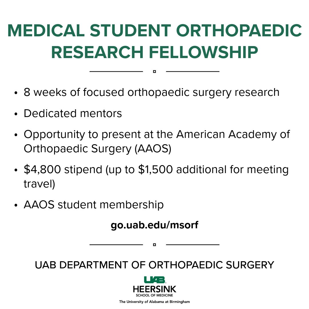 📢DUE TODAY📢

We are accepting applications for our Medical Student Orthopaedic Research Fellowship Summer Program!

Open to 1st, 2nd, and 3rd-year #medstudents - funding available.

Applications due TODAY., APRIL 15!

Learn more | Apply Now: go.uab.edu/msorf

@AAOS1