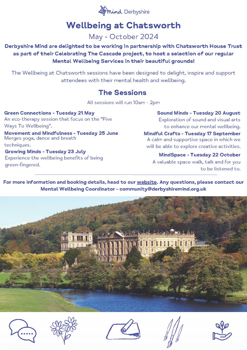 Derbyshire Mind Wellbeing Sessions at Chatsworth May - October 2024 @DerbyshireMind is delighted to be working in partnership with @ChatsworthHouse Trust, to host a selection of its regular Mental Wellbeing Services in the beautiful grounds More info at communityactionderby.org.uk/events/derbysh…