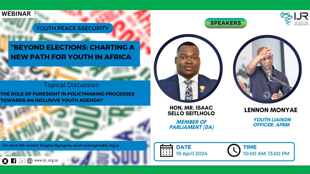 3/4 Join Hon Mr Isaac Sello Seitlholo and Lennon Monyae in a discussion on, the role of foresight in political making progress towards an inclusive youth agenda. Register in advance for this webinar: lnkd.in/dpv4eMJm