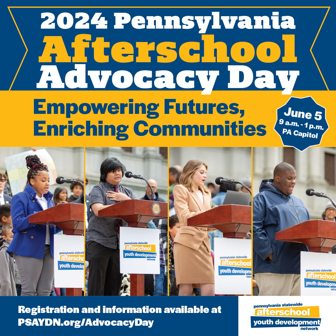 Join PSAYDN, #OST professionals, advocates & youth on June 5 for 2024 #AfterschoolAdvocacyDayPA! Meet state legislators, join Afterschool Advocacy Day press conference on Capitol steps. Lunch included. hubs.ly/Q02sTYnm0 @pennsacca @AlliancePAYMCA @APOSTpgh @sunriseofphila
