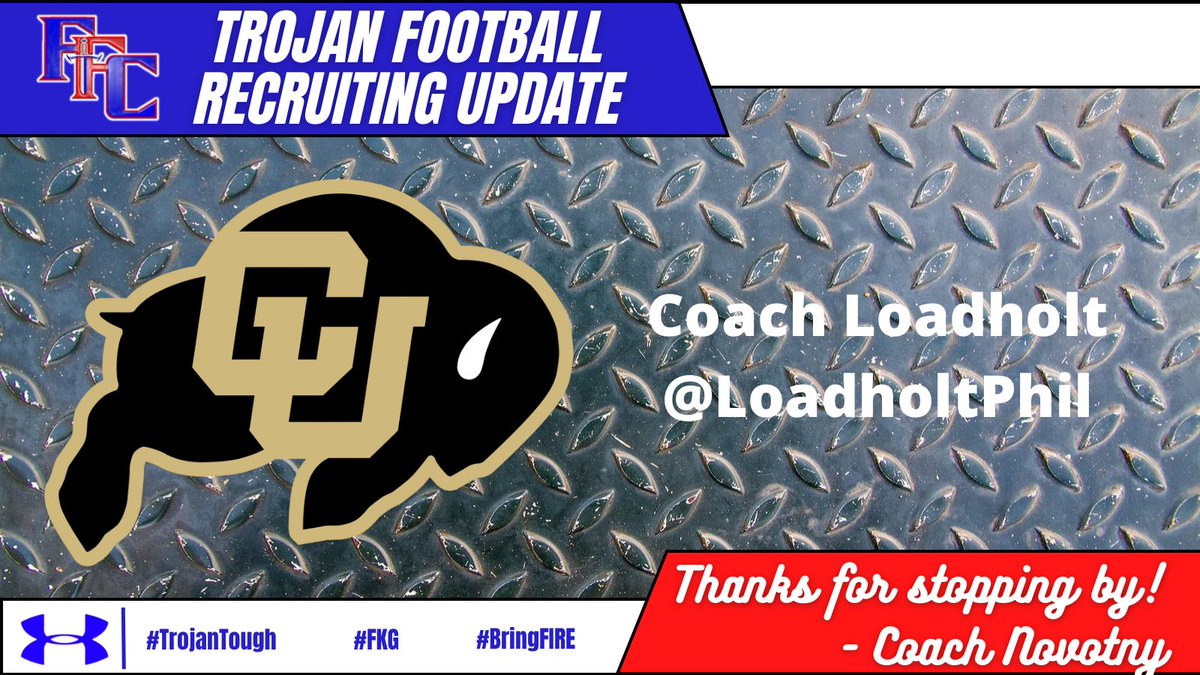 Awesome have @ffchsfootball alumni and CU OL Coach @LoadholtPhil in Trojan Town today. Thanks for coming home to check out our program and our kids! @FFC8schools @ffcstrength @FFCHSAthletics #TrojanTough 💪💪 #BringFIRE 🔥🔥🔥 #FKG 🔵⚪️🔴🛡️⚔️