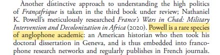 Apparently I'm 'a rare species of anglophone academic.' I'll take it. If only the 'regularly publishes' bit was true. It's always nice to read good reviews of your book, with a nice shoutout to @m_debos and a good review of @nssylla @fpigeaud and others: academic.oup.com/ehr/advance-ar…