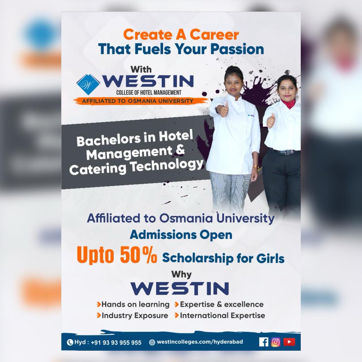 Enroll at Westin College of Hotel Management! Unlock your future in the hospitality industry with upto a 50% scholarship exclusively for girls. 👩‍🎓 Start your journey towards success today.#WestinCollege #HotelManagement  #Hotelmanagementcollege #admissionsopen #Admissions #Degree