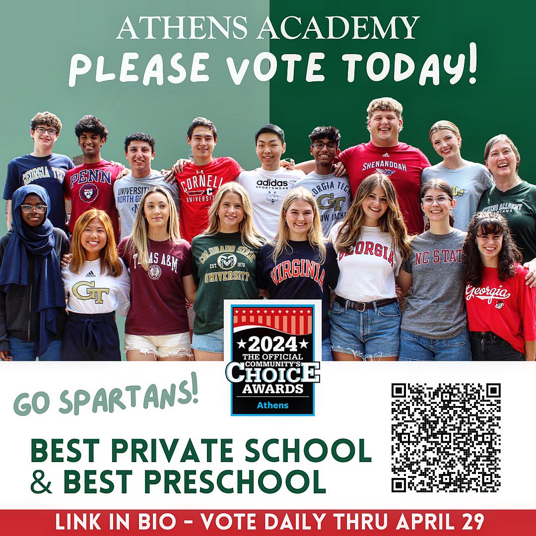 SHOW YOUR SCHOOL SPIRIT and vote for Athens Academy in the 'Best Private School' and 'Best Preschool' categories, April 15-29! shorturl.at/ltUY8 You can vote once per day, per email address, so be sure to share with friends and family! GO SPARTANS!