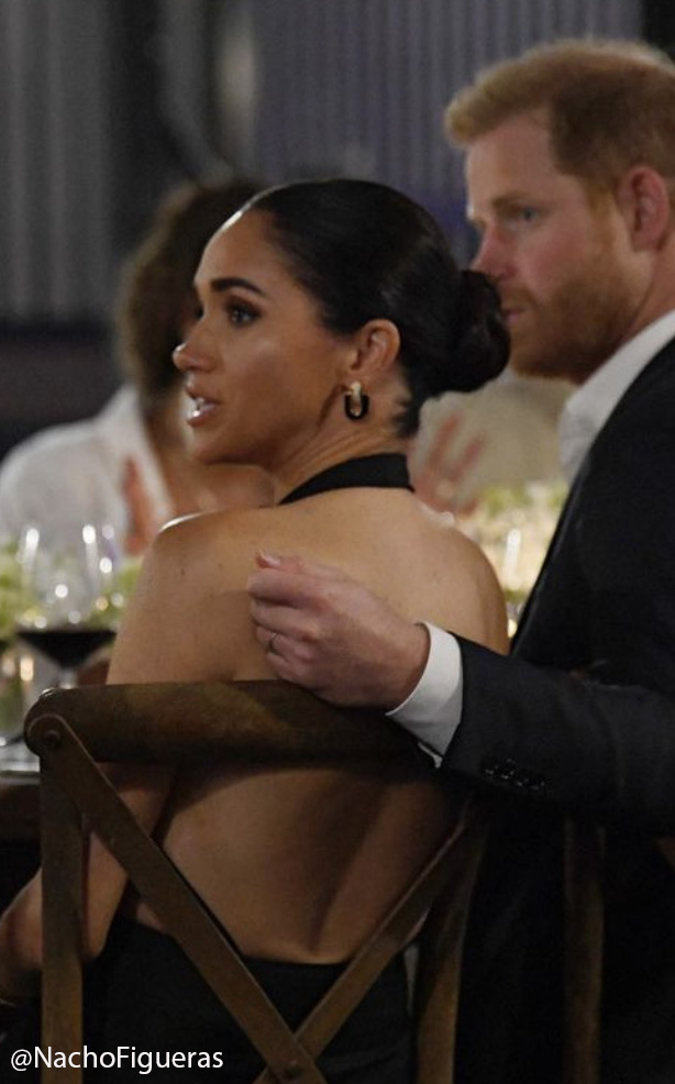 Meghan and Harry attended a celebratory dinner Friday evening for the Sentebale Polo event in Wellington, Florida. She is wearing — Dress: St. Agnis Studio 'Hudson' dress - available here: bit.ly/3Q3HAyp Shoes: Mach & Mach (not shown - TBD) Earrings: Vintage Dior -…