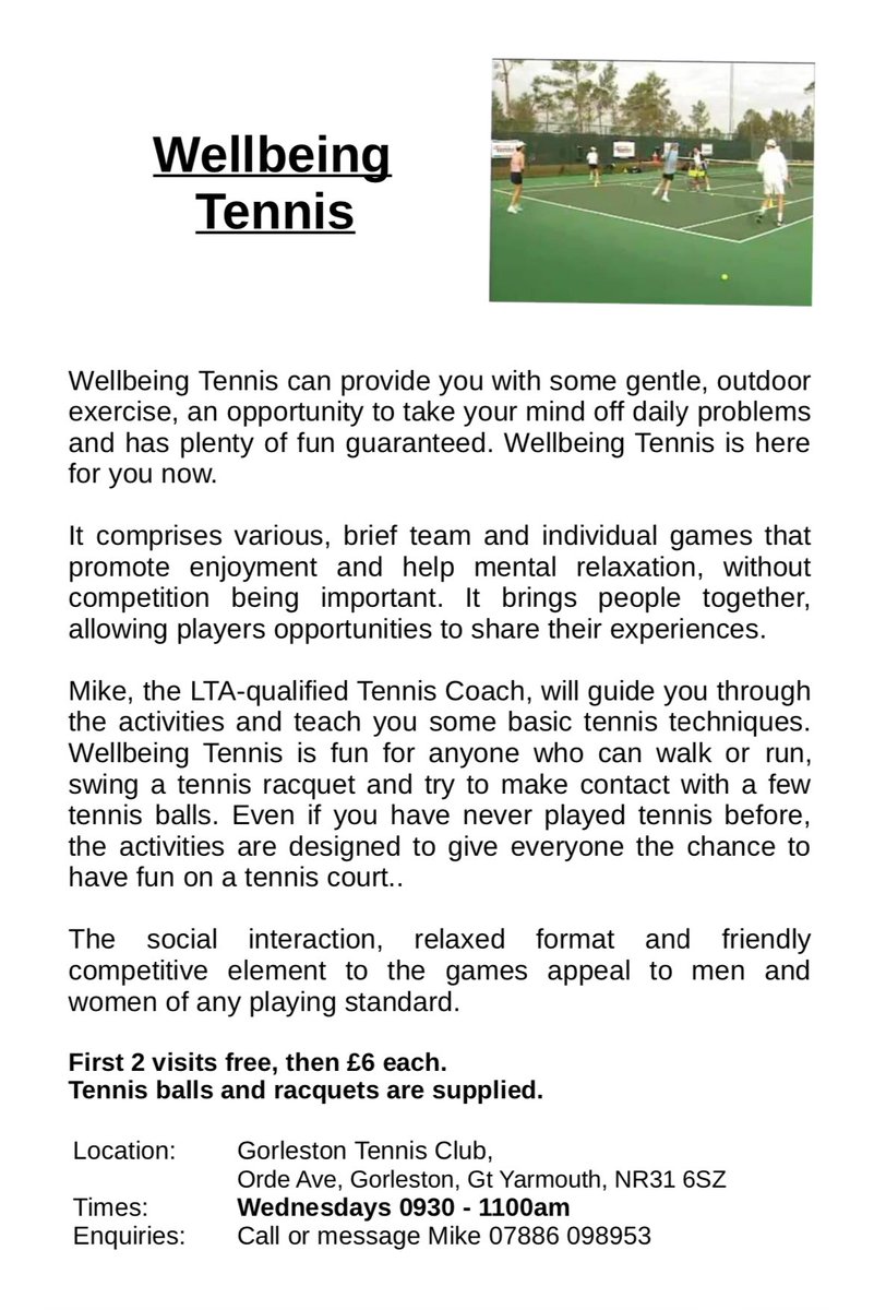 Please see details of a new session being delivered at Gorleston Tennis Club.