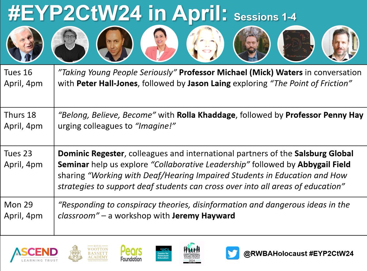 2024 marks 10 yrs of 'Empowering Young People to Change the World' #EYP2CtW24 offers 20 online sessions to inform, engage & empower teachers, TAs, SLT & MAT CEOs. 
⬇️ is just April's line up!  
FREE bking for these or session 5-20 via forms.office.com/r/e6pUfg32Bm 
RT @PeteHJ #1DaytoGo