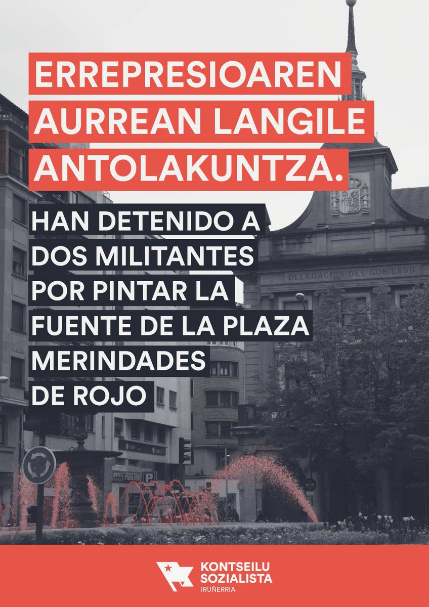 Hemos teñido de rojo la fuente de la Plaza Merindades, frente a la Delegación del Gobierno, para denunciar el genocidio contra el pueblo palestino.

Además, queremos denunciar la detención de dos militantes que realizó anoche la Policía Municipal.