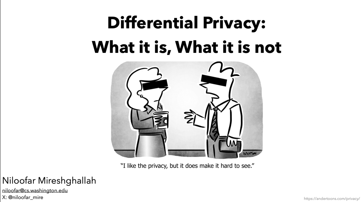 I will be talking about what differential privacy is, what it is not and what some common misconceptions are in privacy for generative AI in a couple hours @genlawcenter in DC! Join us on the live stream: tinyurl.com/genlaw-stream Slides: tinyurl.com/genlaw-dp-2024