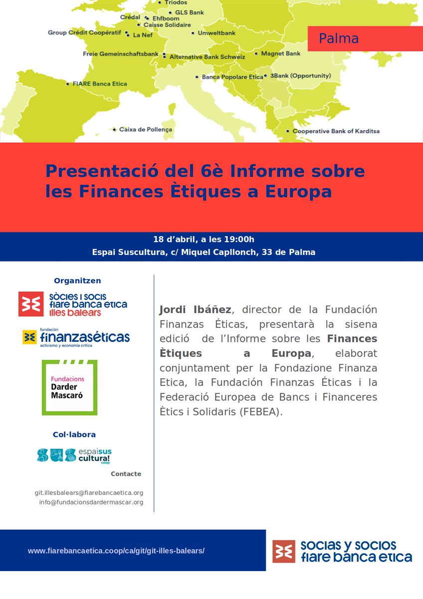 No t'oblidis: Presentació del 6è Informe de les Finances Ètiques a Europa, elaborat per la @ffinanzaseticas 📆 18 d'abril ⏲️ 19:00h 📍 l'Espai Suscultura, de @cordaipoalcoop (c/ Miquel Capllonch, 33) Organitzat amb les Fundacions @dardermascaro