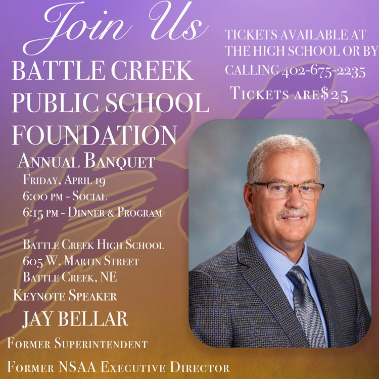 BCBraves's tweet photo. The Battle Creek Public School Foundation Dinner is Friday April 19th at 6:00 pm in the high school commons. Tickets are available in the office for $25.00. Help us welcome back Jay and Lori Bellar to BC. Thank you for your support! https://t.co/UnPpreiu9q