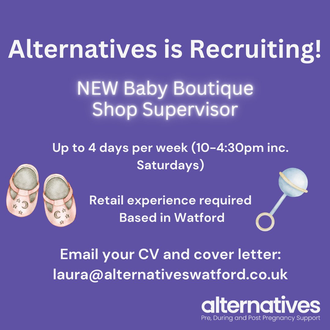 Exciting News - Alternatives is looking for a hardworking   Baby Boutique Supervisor. This is a customer facing position in the heart of the Watford community. We are offering up to 4 days a week. Get in touch today!