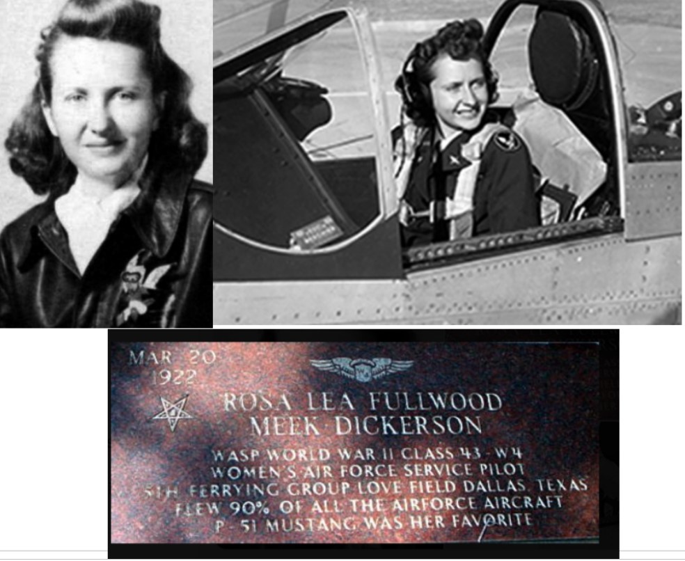 #WASP Rosa Lea Fullwood Meek Dickerson 43-W-4
Solo 1936 – License 1940- Commercial 1943
Favorite: P-51s. With husband ran flight school.
Mar 20, 1922 - Oct 23, 2016
@WomenInAviation @WomenMilAv8rs @WomenAtWar2 @WomenOfAviation @FlyingIsFemale #womenpilots #FlyGirls @WomenintheAir