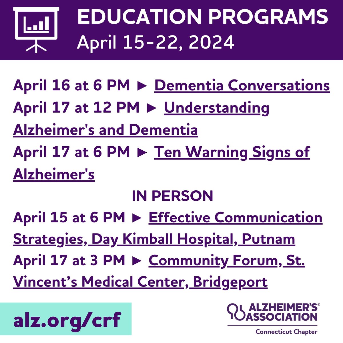 Monday, Monday...time to plan your week. Here are some education programs for you, to expand your knowledge of this disease. You can register at alz.org/crf or by calling our 24/7 Helpline at 1.800.272.3900.