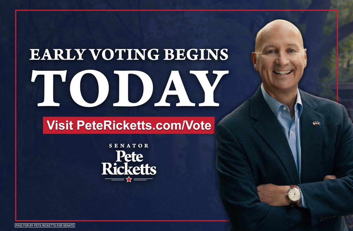 Early in-person voting begins today in Nebraska! Visit PeteRicketts.com/Vote and make a plan to cast your vote.