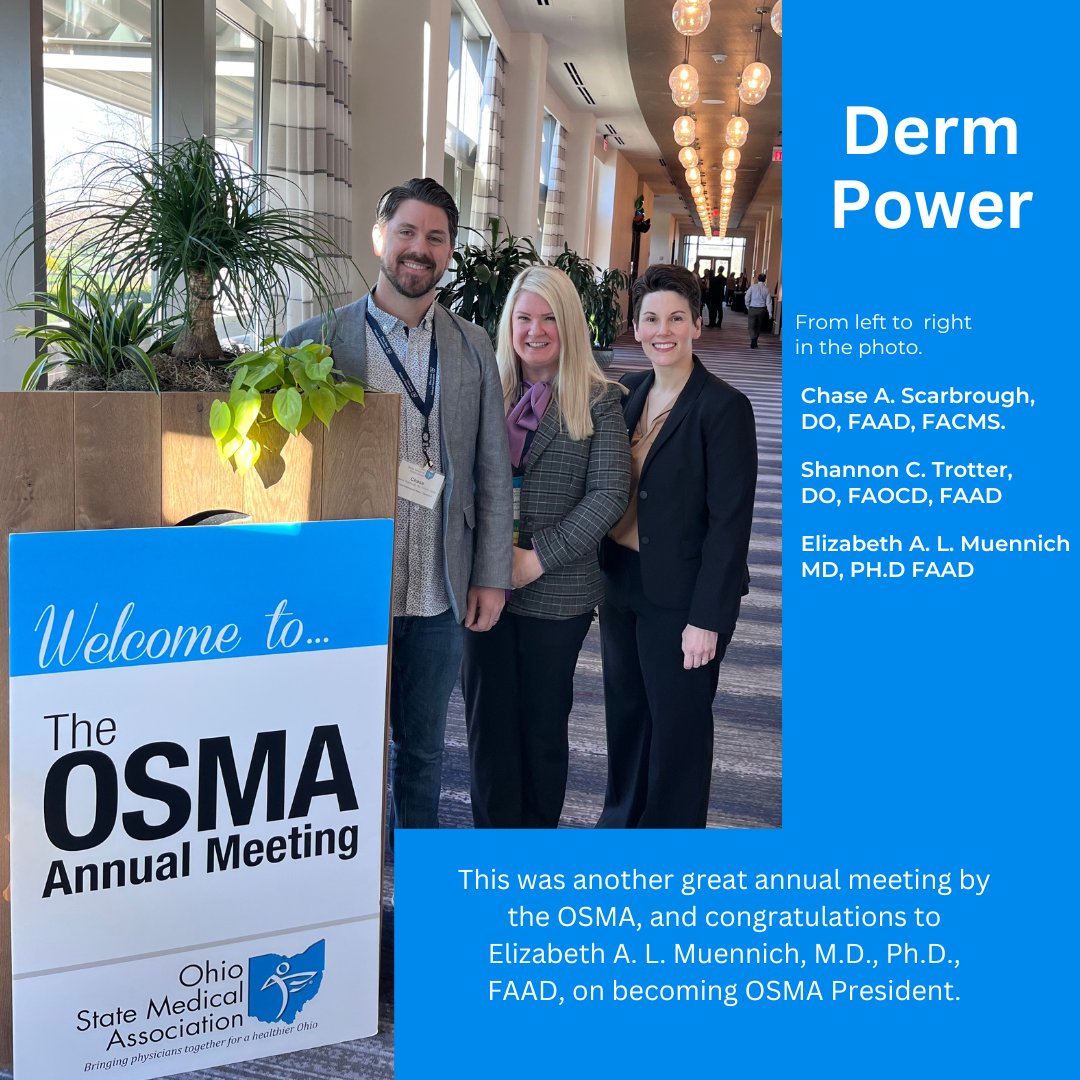 ohderm's tweet photo. Derm Power!! ODA members Dr. Chase Scarbrough, Dr. Shannon Trotter and Dr. Elizabeth Muennich representing Ohio Dermatologists at the OSMA 2024 Annual Meeting. https://t.co/VYjJQsq2PR