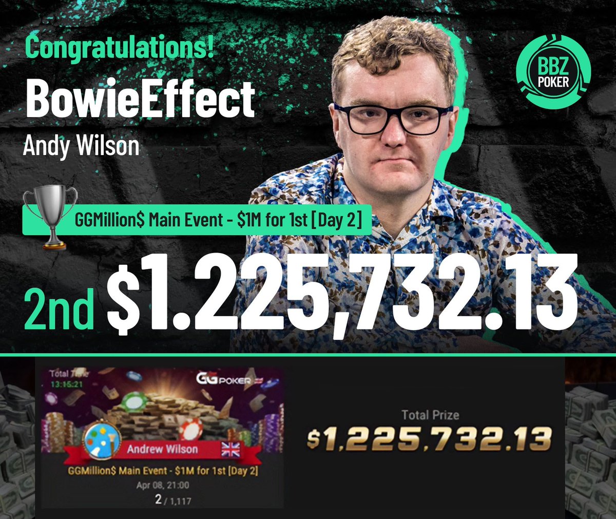 'If you're not first you're last' - @BowieEffect Not in this case.....Congratz to our good friend & BBZ Coach Andy 'BowieEffect' Wilson for taking 2nd in the GGMillion$ Main Event!