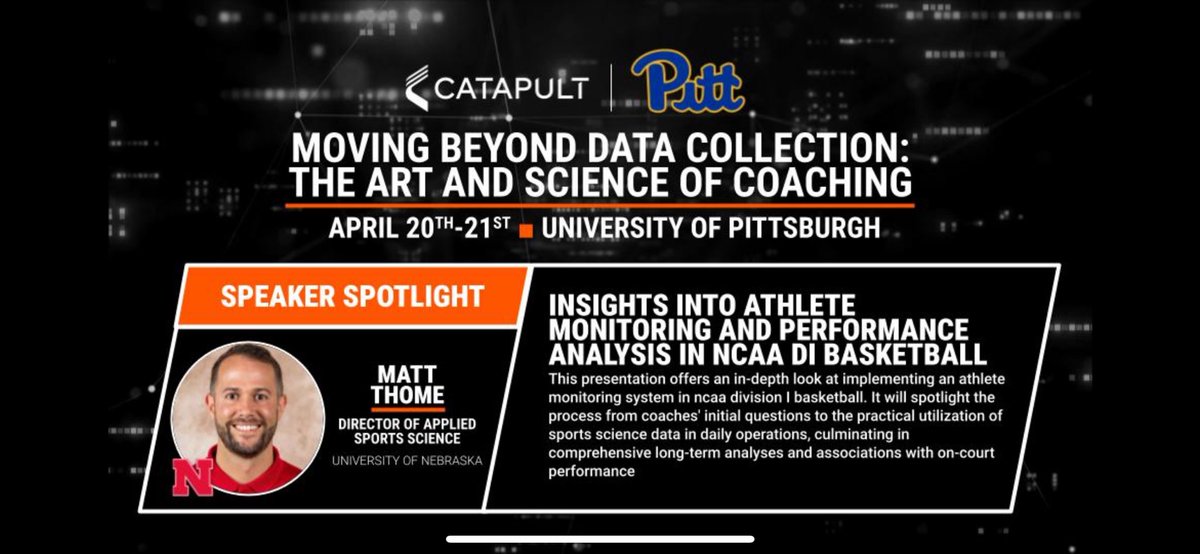 matt_thome's tweet image. Excited to be part of a great group of presenters at the “Moving Beyond Data Collection: The Art and Science of Coaching” conference at the University of Pittsburgh later this week (April 20-21). Sign up here: [bit.ly/4acBxPB]
#Catapult