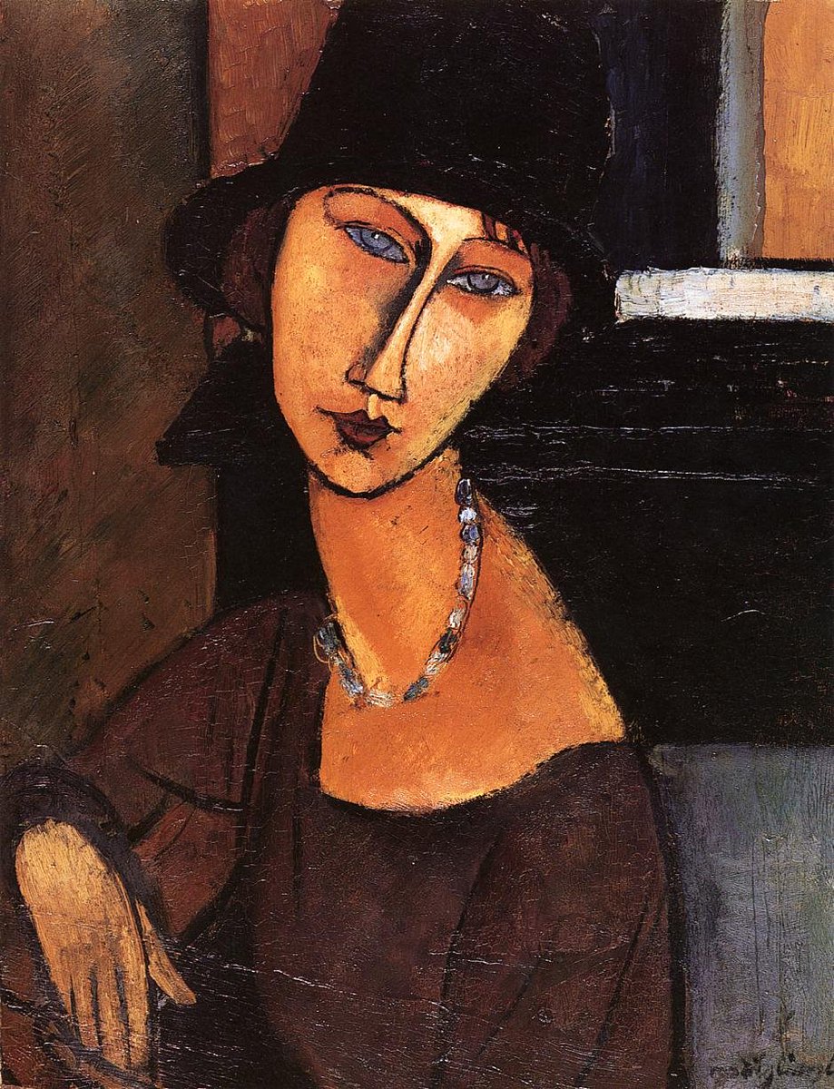 'Ruhunu görebildiğimde gözlerini de çizeceğim.' diyen Amedeo Modigliani'nin sanat eseri:
Şapka ve Kolyesi ile Jeanne Hebuterne