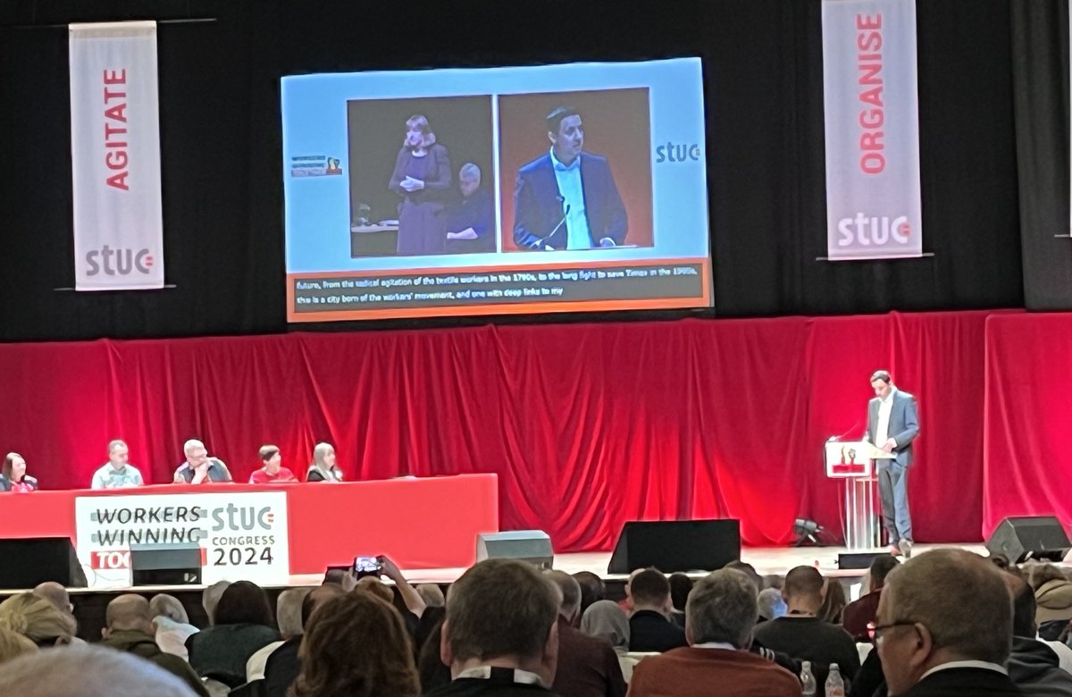 STUC Congress now hearing from ⁦@AnasSarwar⁩ leader of ⁦⁦@ScottishLabour⁩ tells delegates he expects Labour MSPs and MPs to stand with workers on picket lines to hear direct from them, represent them, and deliver for them in government #STUC24