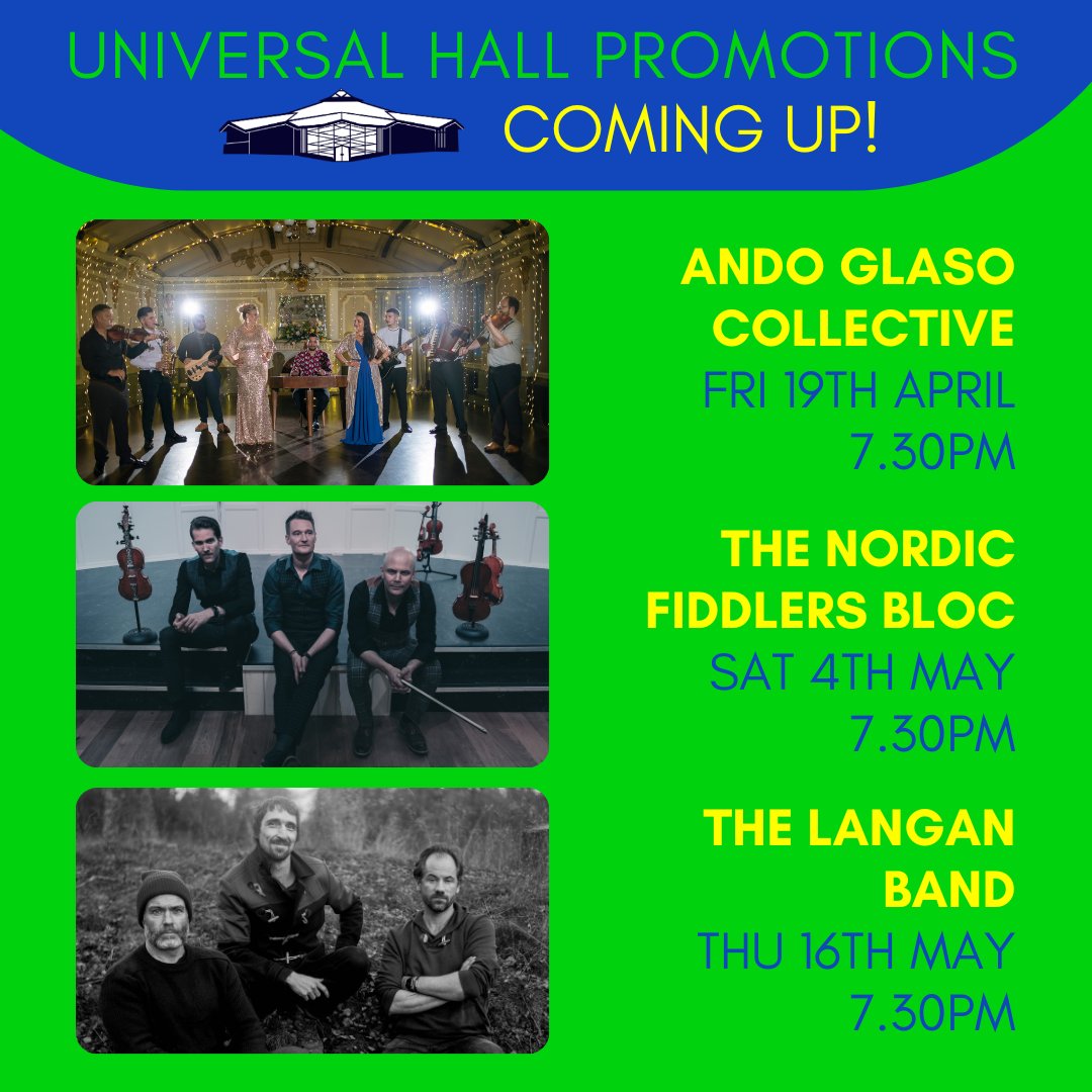 COMING UP SOON! 👇👇👇 Friday 19th April 7.30pm ANDO GLASO COLLECTIVE Saturday 27th April 7.30pm KING CREOSOTE - sold out! Saturday 4th May 7.30pm THE NORDIC FIDDLERS BLOC Thursday 16th May 7.30pm THE LANGAN BAND More info & 🎟🎟 via Linktree in our bio!