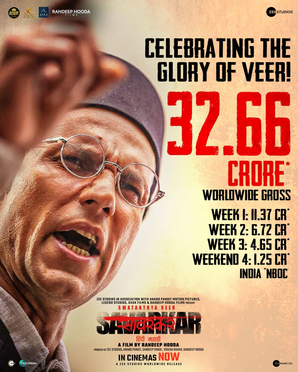 #SwatantryaVeerSavarkar continues to dominate the box office, makes record-breaking collections in the fourth weekend 💯🔥 Book your tickets! 🔗 - linktr.ee/swatantryaveer… In cinemas now. #VeerSavarkarInCinemasNow #WhoKilledHisStory @RandeepHooda @anky1912 @amit_sial