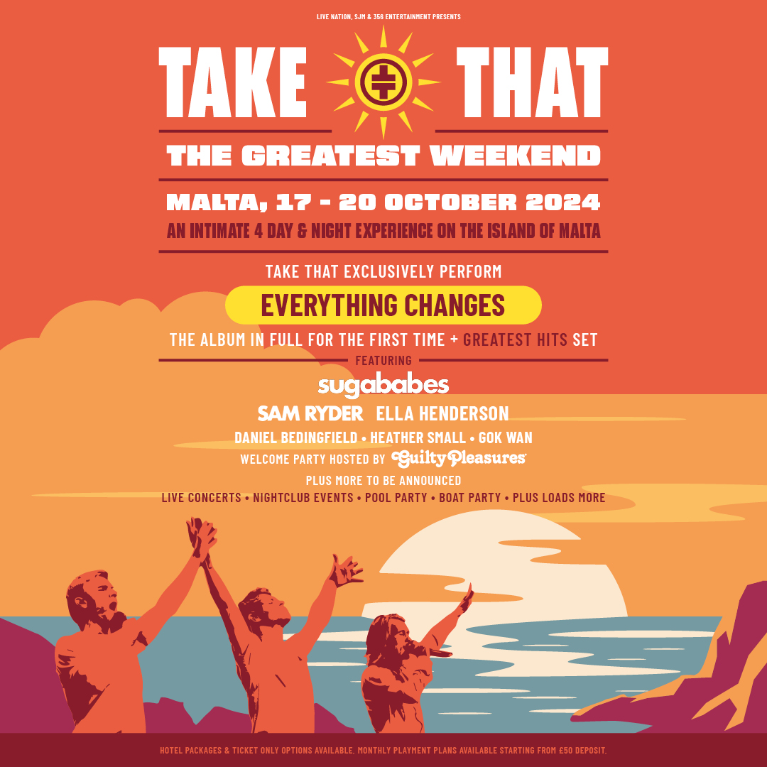 Únete a Take That en una experiencia de cuatro días y una noche en la isla de Malta, del 17 al 20 de octubre, en la que interpretarán por primera vez el álbum 'Everything Changes' al completo, así como una serie de grandes éxitos. 🎫 thegreatestweekend.com//