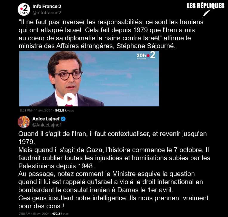 Iran/Israël : pour le chef de la diplomatie française @steph_sejourne à propos de la riposte iranienne en Israël 'ce sont les Iraniens qui ont attaqué Israël', éclipsant le bombardement du consulat d'Iran par Israel le 1er avril dernier @AniceLajnef