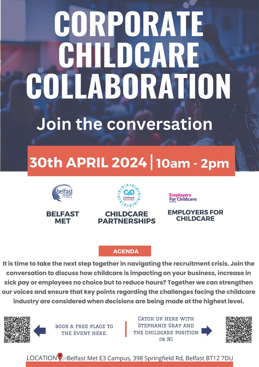 Excited to announce an upcoming event addressing NI's childcare crisis &amp; its impact on businesses.

We invite your organisation to join this crucial conversation!

Book your spot via:lnkd.in/eHcps9W7
📅 April 30th
🕙10am – 2pm 
📍 Belfast Met, Springfield Road Campus (E3)