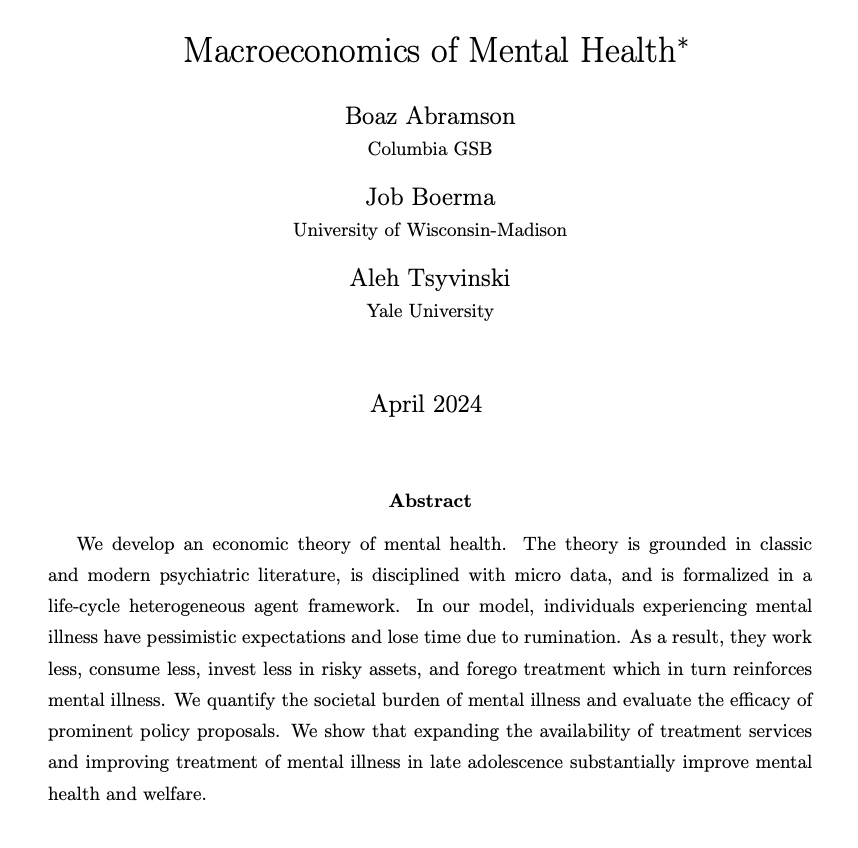 NEW Discussion Paper: An economic theory of mental illness to study its macroeconomic implications. By @Boaz_Abramson (@Columbia_Biz), Job Boerma (@WIeconomics) & Aleh Tsyvinski (@YaleEconomics): cowles.yale.edu/research/cfdp-…