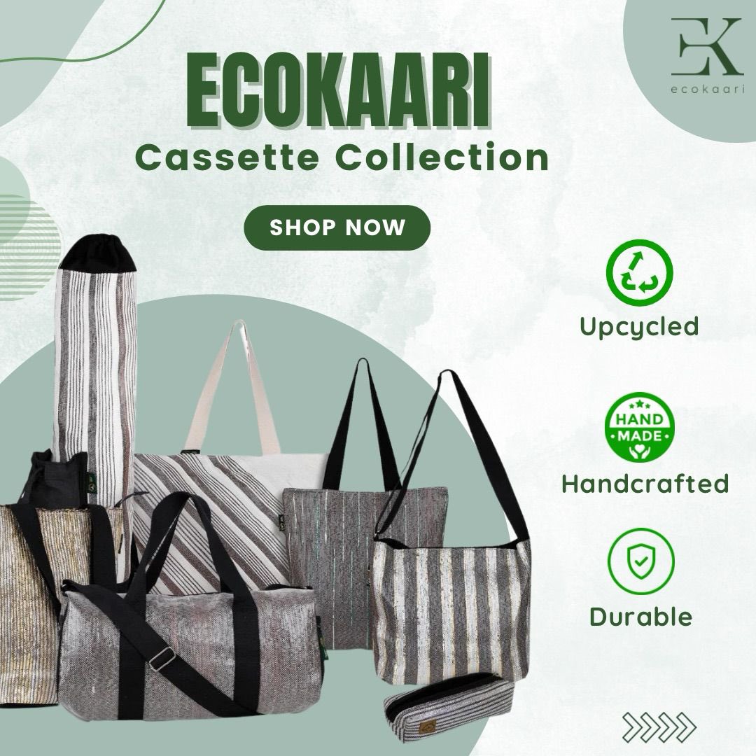 Introducing EcoKaari’s Cassette Collection – handcrafted, eco-friendly, and durable. 

Made from old cassette tapes, each bag is a blend of sustainability and style. 

Rolled onto the charkha and woven on handlooms, they’re unique and environmentally conscious.