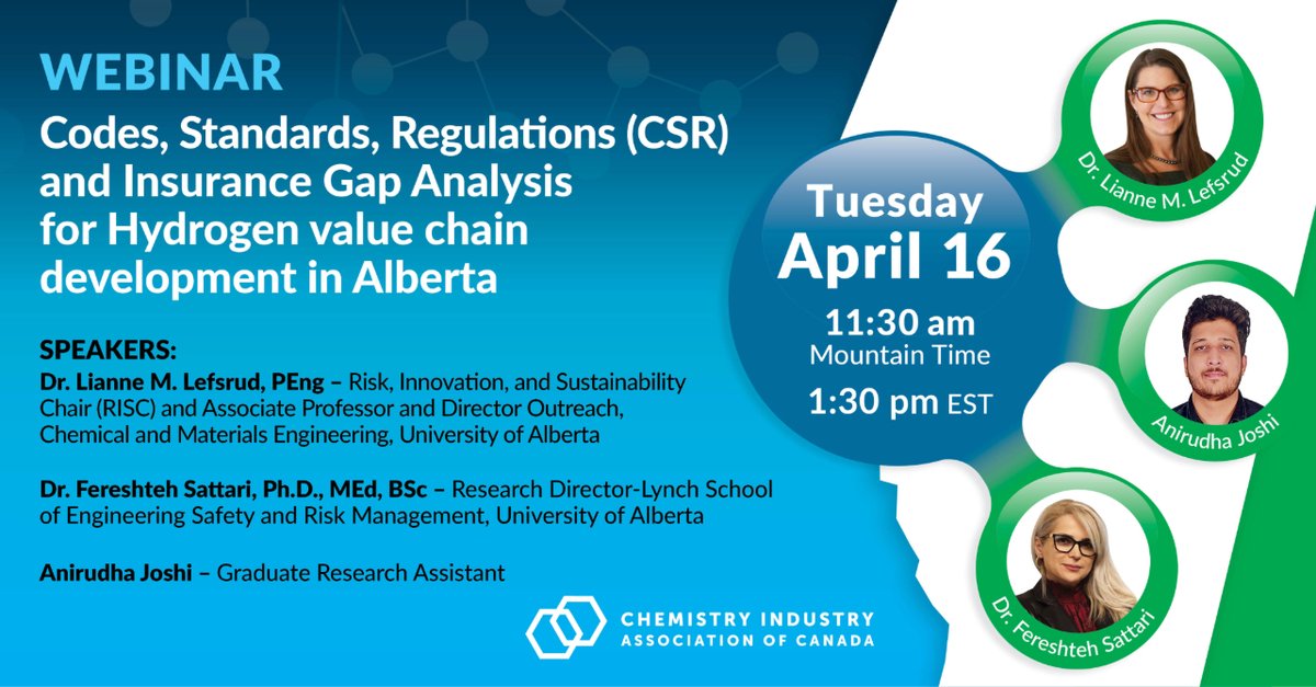 Dive into the future of #energy with our #webinar: 'Codes, Standards, Regulations (CSR) and Insurance Gap Analysis for Hydrogen Value Chain Development in Alberta” Join us on Tuesday, April 16 at 11:30 AM MT (1:30 pm EST) Secure your spot now: us06web.zoom.us/webinar/regist…