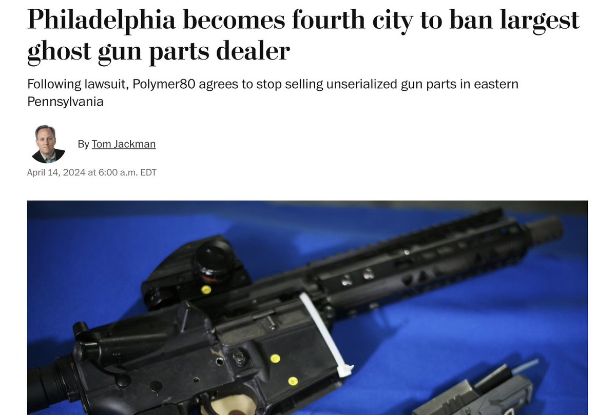 'Philadelphia sued Polymer80 and JSD Supply last year with the assistance of the GIFFORDS Law Center, the legal arm of the gun violence prevention group started by former congresswoman Gabrielle Giffords' washingtonpost.com/dc-md-va/2024/…