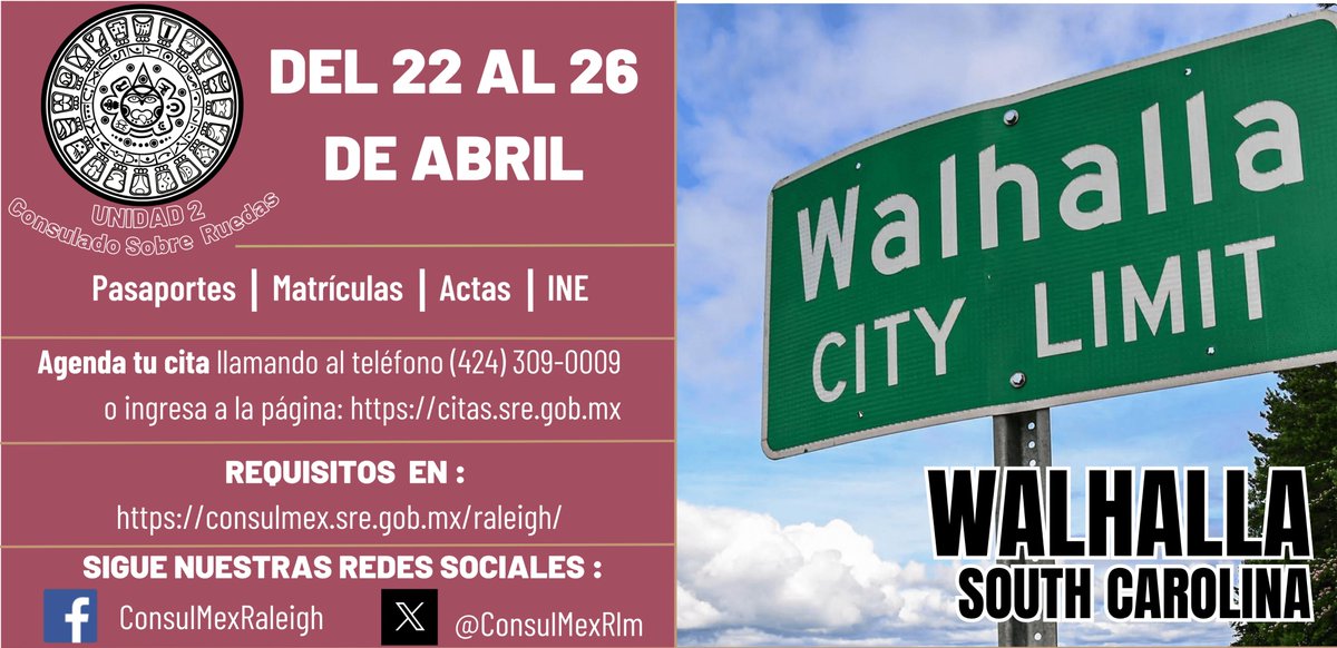 ¡Seguimos en ruta, paisano!🇲🇽 La Unidad 2 del Consulado Sobre Ruedas continúa su travesía, ahora visitaremos Walhalla, CS. - Del 22 al 26 de abril de 2024. Agenda tu cita llamando al (424) 309-0009; o enviando mensaje vía WhatsApp al mismo teléfono.