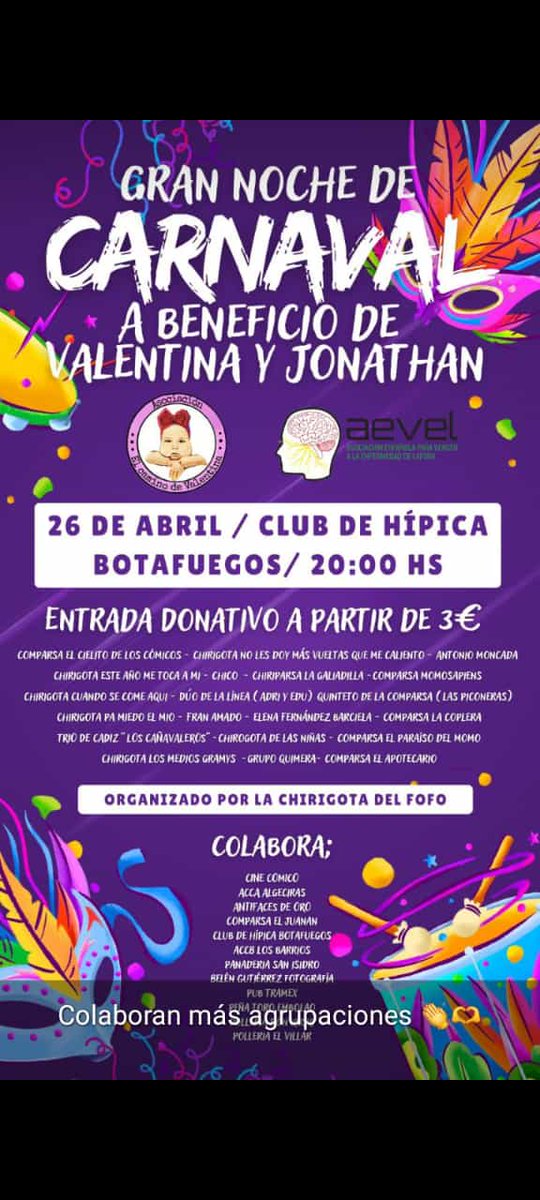 LaforaDe's tweet photo. Valentina y Jonathan necesitan tu ayuda. Colabora en el evento de la "Gran noche de Carnaval" Entrada 3€ a beneficio de AEVEL, que destina su recaudación a la investigación de la enfermedad de Lafora.

Recuerda, 26 de Abril en el Club de Hípica Botafuegos, a las 20 hr. https://t.co/zbSEFUgHEg