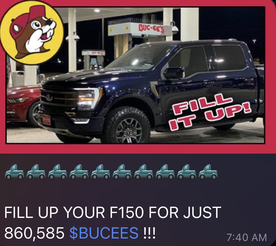 GM

it now costs 860,585 $BUCEES to fill up your F150