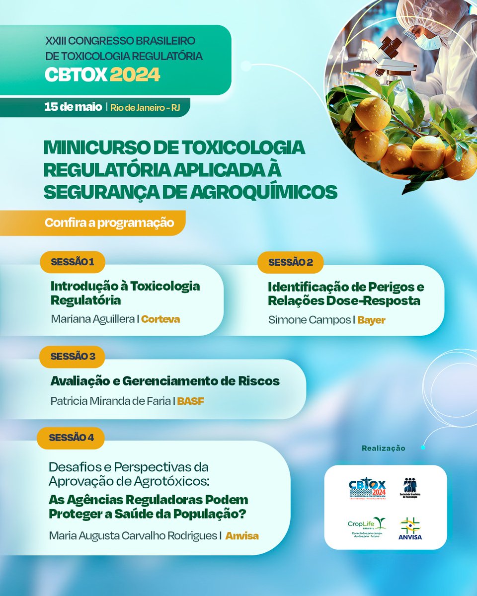 CropLifeBR's tweet photo. O minicurso de Toxicologia Regulatória Aplicada à Segurança de Agroquímicos está se aproximando! 🗓️

Vai ser dia 15 de maio, durante o #CBTox. 

Para se inscrever é só acessar https://t.co/3Dy8CDZXFz e a programação você confere abaixo 👇 https://t.co/pN4dw8Vpy4