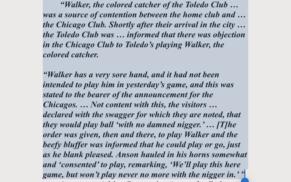 On #JackieRobinsonDay, a reminder you likely won’t get from @MLB of why it even exists, from the Toledo Blade, August 10, 1883. Walker was Moses Fleetwood Walker. Anson was Cap Anson whose lead baseball followed to bleach its game of the progeny of enslaved Africans for 60 years