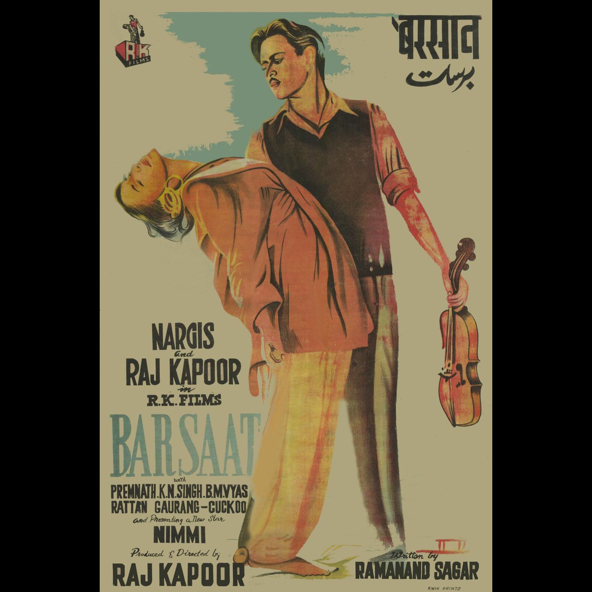 #RajKapoor and #Nargis make an enduring appearance on the poster of #Barsaat (1949) directed by #RajKapoor and written by #RamanandSagar. The embrace between the two leads would further be immortalised in the logo of Kapoor's production company, RK Films.  #HasratJaipuri