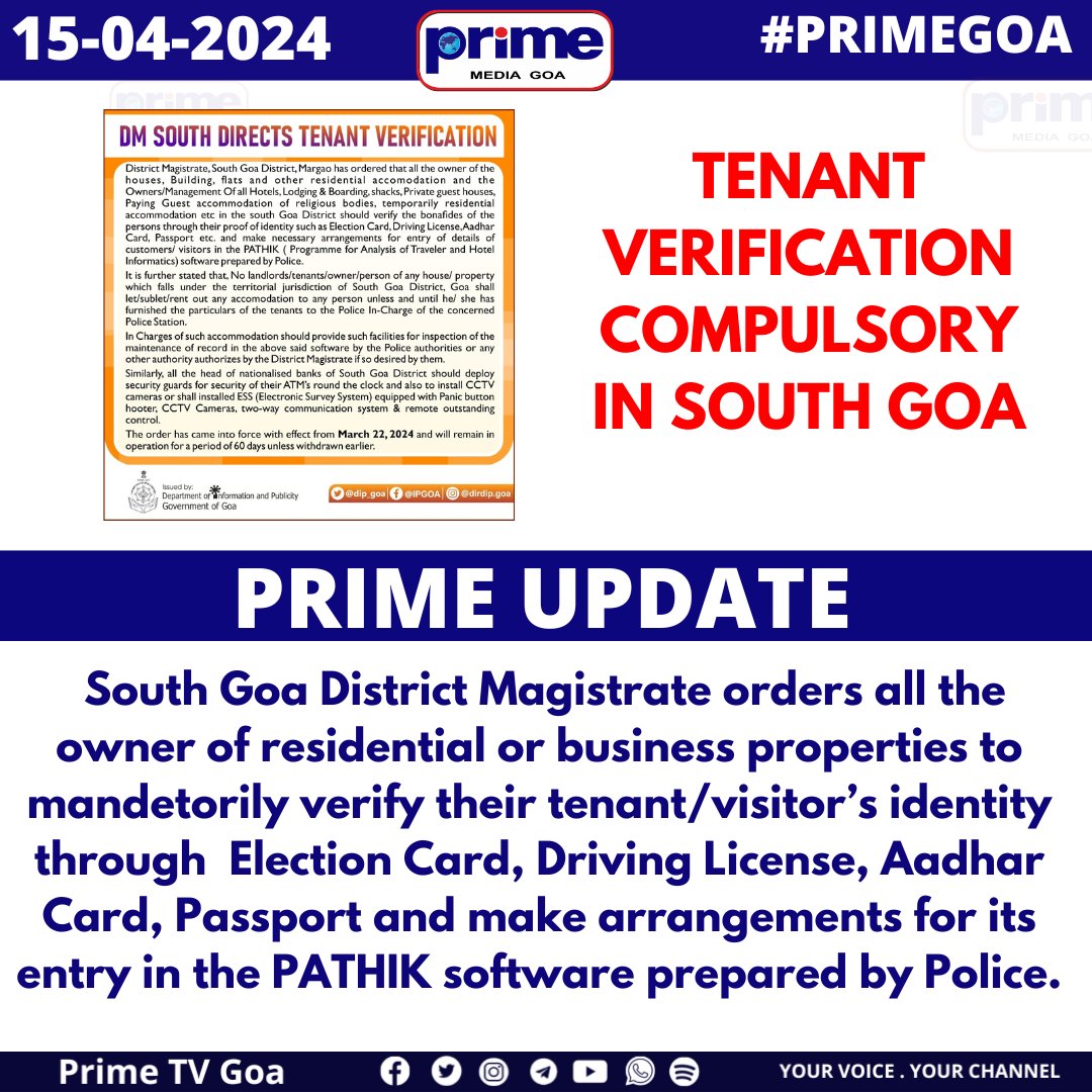 TENANT VERIFICATION COMPULSORY IN SOUTH GOA #tenants #owners #flats #houses #rent #lease #temporarystay #visitors #tourists #PRIMEGOA #goa