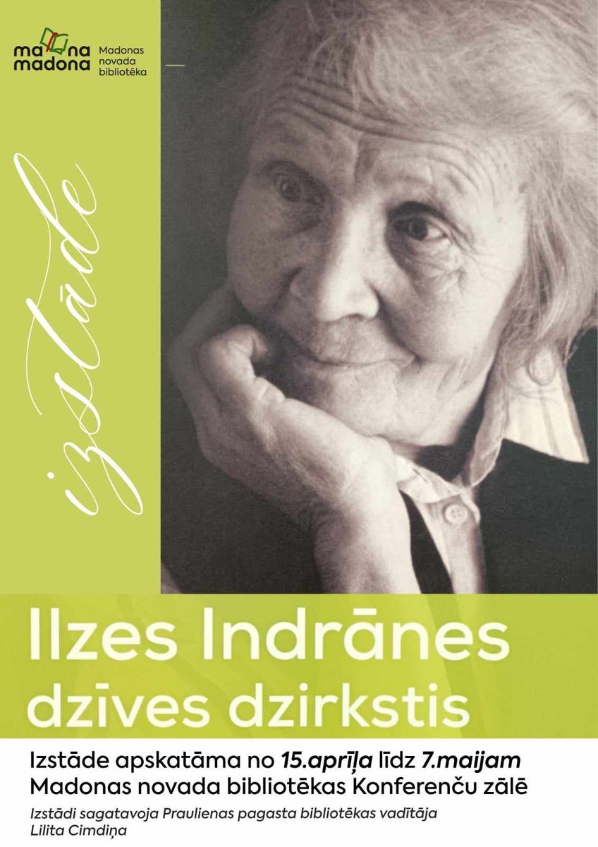 No 15. aprīļa līdz 7. maijam laipni aicinām ielūkoties izstādē “Ilzes Indrānes dzīves dzirkstis”. Izstādi veido vairākas sadaļas: Ceļa sākums, Skolotājas darbs un sirdsaicinājums, Radošā darbība, Turpinājums un atzinība, Ceļojumi – iedvesmas avots, Laikabiedri, Vērtības.