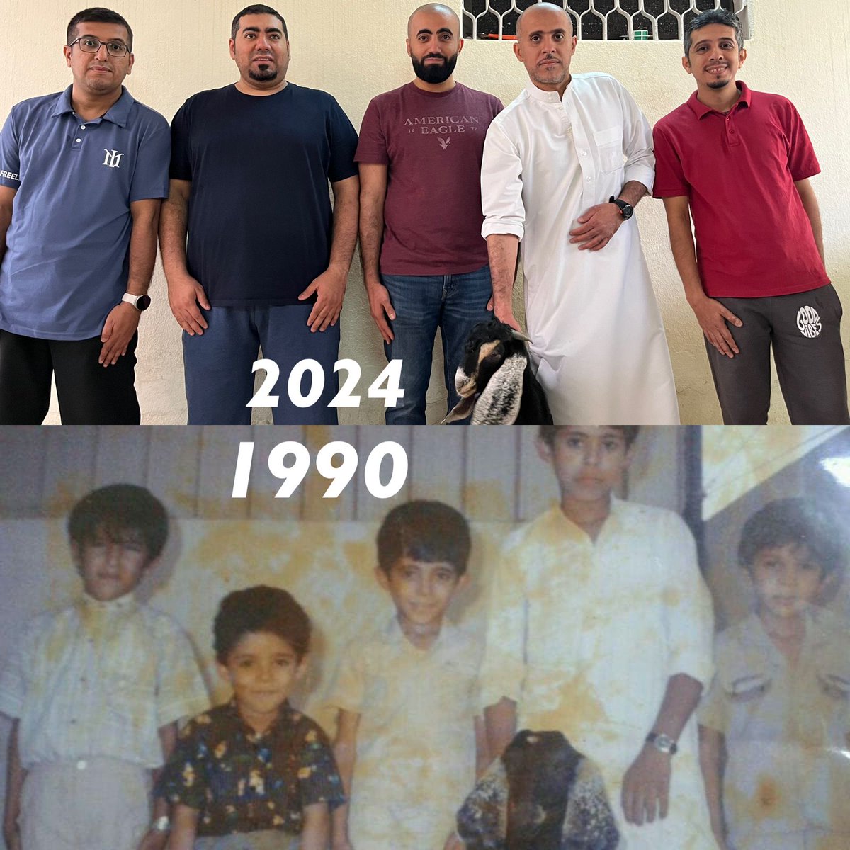من الخاص📩 . . صورة بين زمنين عيد الرياض عام 1990 وعيد الرياض عام 2024 الصورة تجمع أخوان وأبناء عمومة قبل 34 سنة