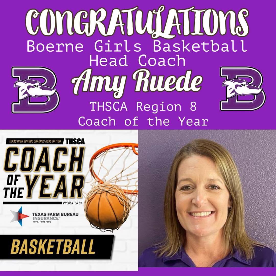 🏆 Congratulations to <a href="/Boernehs/">Boerne High School</a> Girls Basketball Coach Amy Ruede for being named the Texas High School Coaches Association Region 8 Coach of the Year!
 
Coach Ruede led the Greyhounds to their third state final four in four years as they finished with a 34-5 record. 
 
GO HOUNDS!