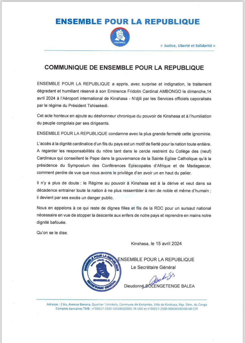 #RDC : Traitement « dégradant » infligé à l'Archevêque de #Kinshasa @TataCardinal ce dimanche par les autorités congolaises : @Ensemble_MK, le parti de l'opposant @moise_katumbi, condamne avec la plus grande fermeté cette ignominie.