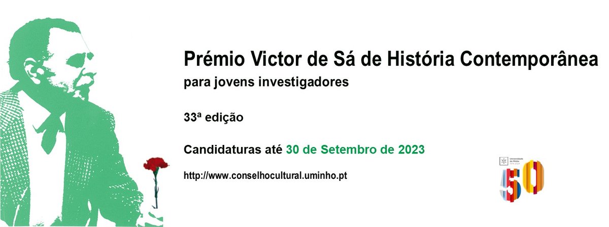 📣 Estão abertas, até 30 de setembro, as candidaturas ao Prémio Victor Sá de História Contemporânea para jovens investigadores - 2024 Mais informações 👇conselhocultural.uminho.pt/ModuleLeft.asp…