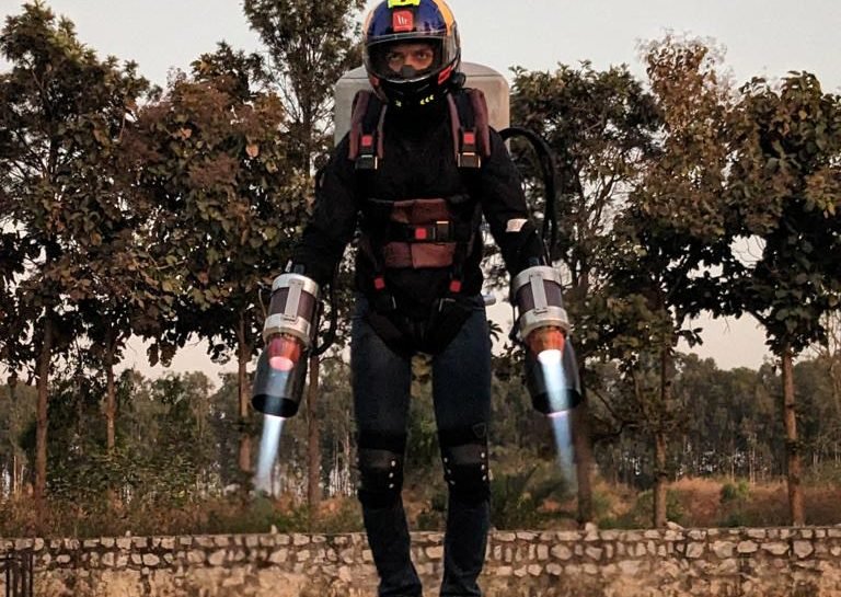 Startup Absolute Composites Pvt Ltd Jet Pack aka Personal Air Mobility Vehicle

Features
Max range: 8Km
Max speed: 80Km/hr
Diesel based engines: 3 on back & 2 on arms
Total power output: 1200Hp
Fuel capacity: 30L
Weigh: 140Kg (including max pilot weight of 80Kg)

Pic credit owner