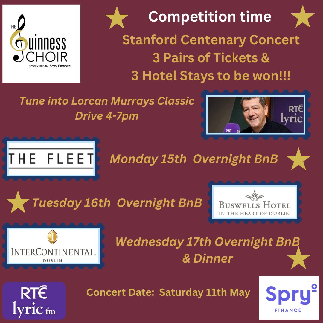 Competition time!!! Tune into @LyricLorcan today, tomorrow & Wednesday to win tickets AND accomodation to our upcoming Stanford Centenary concert. @RTElyricfm @BuswellsHotel @InterConDublin #competition #overnight #dublin #accomodation