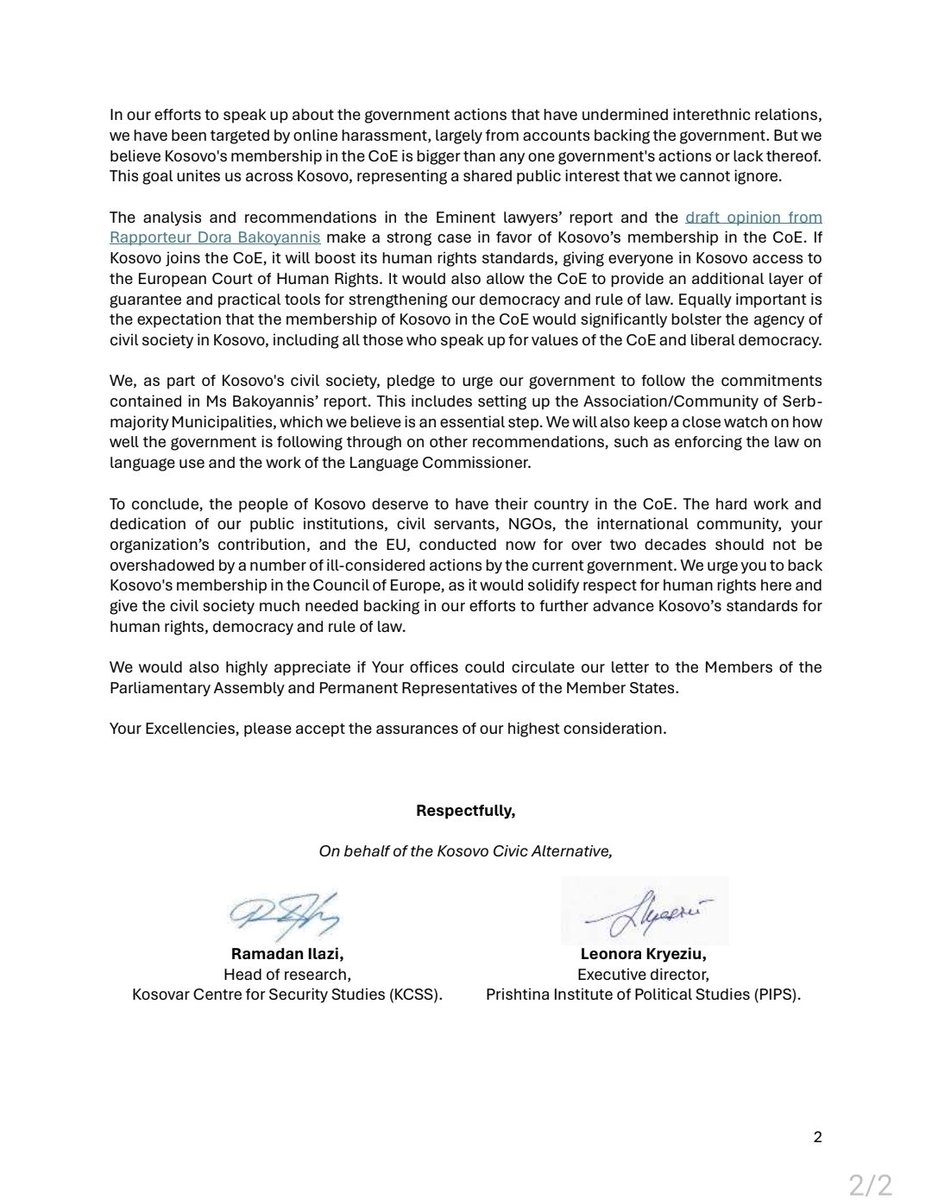 Danlazi's tweet photo. Signed a letter with @KryeziuLeonora to @coe @MarijaPBuric on behalf of Kosovo Civic Alternative, endorsing Kosovo’s membership application. KCA, a multiethnic civil society platform, advocates for peacebuilding and supports dialogue for normalization of relations between 🇽🇰&amp;🇷🇸 https://t.co/I1ZkCg1tJ5