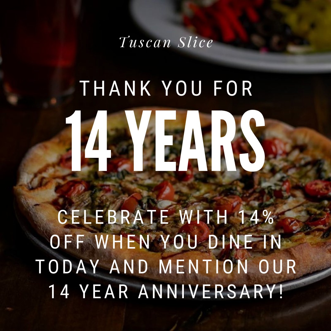 Thanks to you, we've been open and serving our community for 14 years! We are so grateful for your support! Come celebrate with us today!
#tuscanslicetx #tuscanslicefoodie #italianfoodie #homestylepizza #pizzalover #wineanddine #waxahachietx #waxahachiecatering #catering